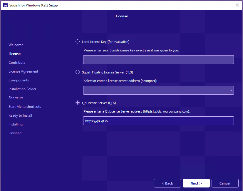 Squish 9.2 installer showing the inherited QLS configuration