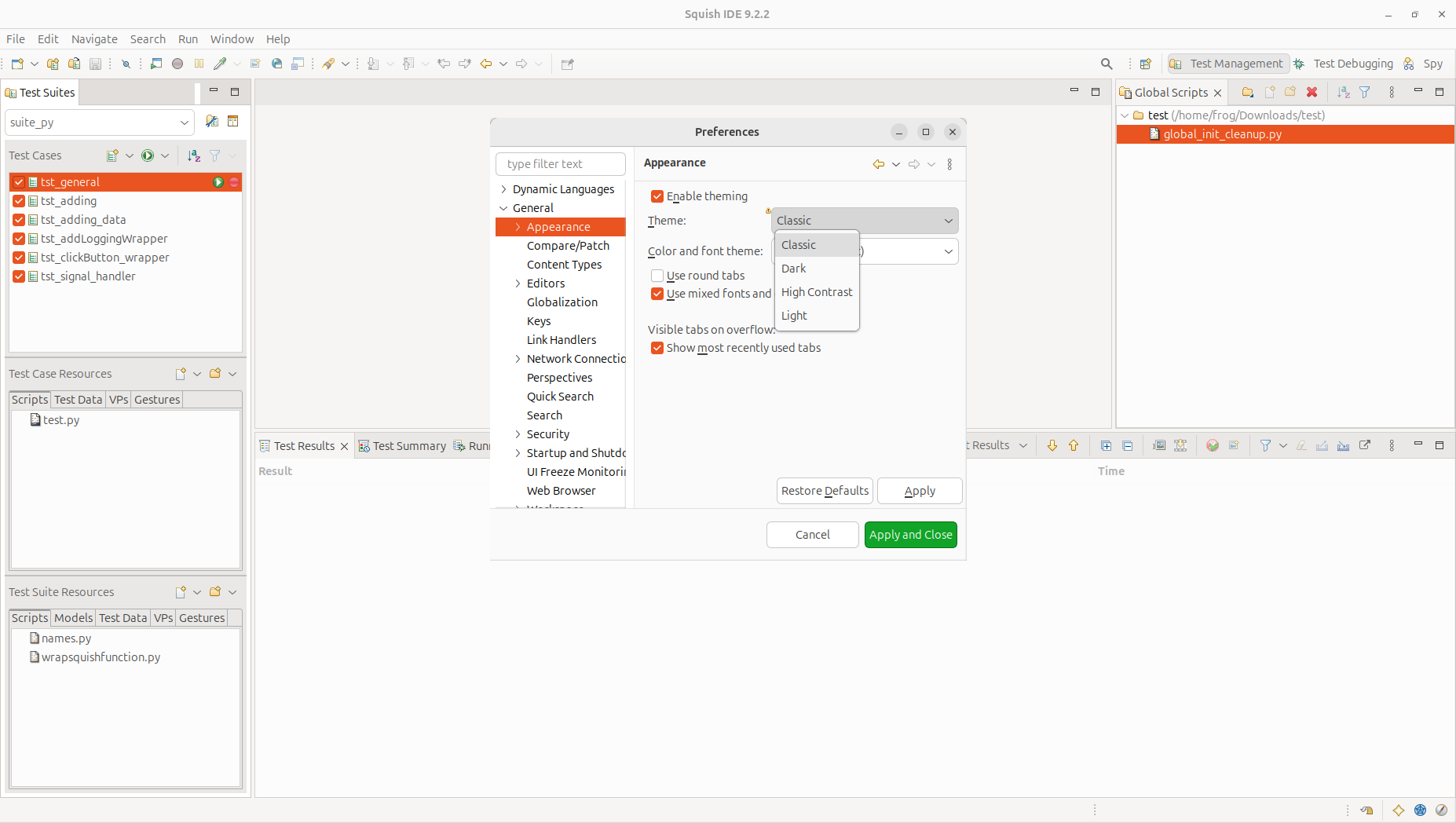 Preferences dialog with the theme set to Classic