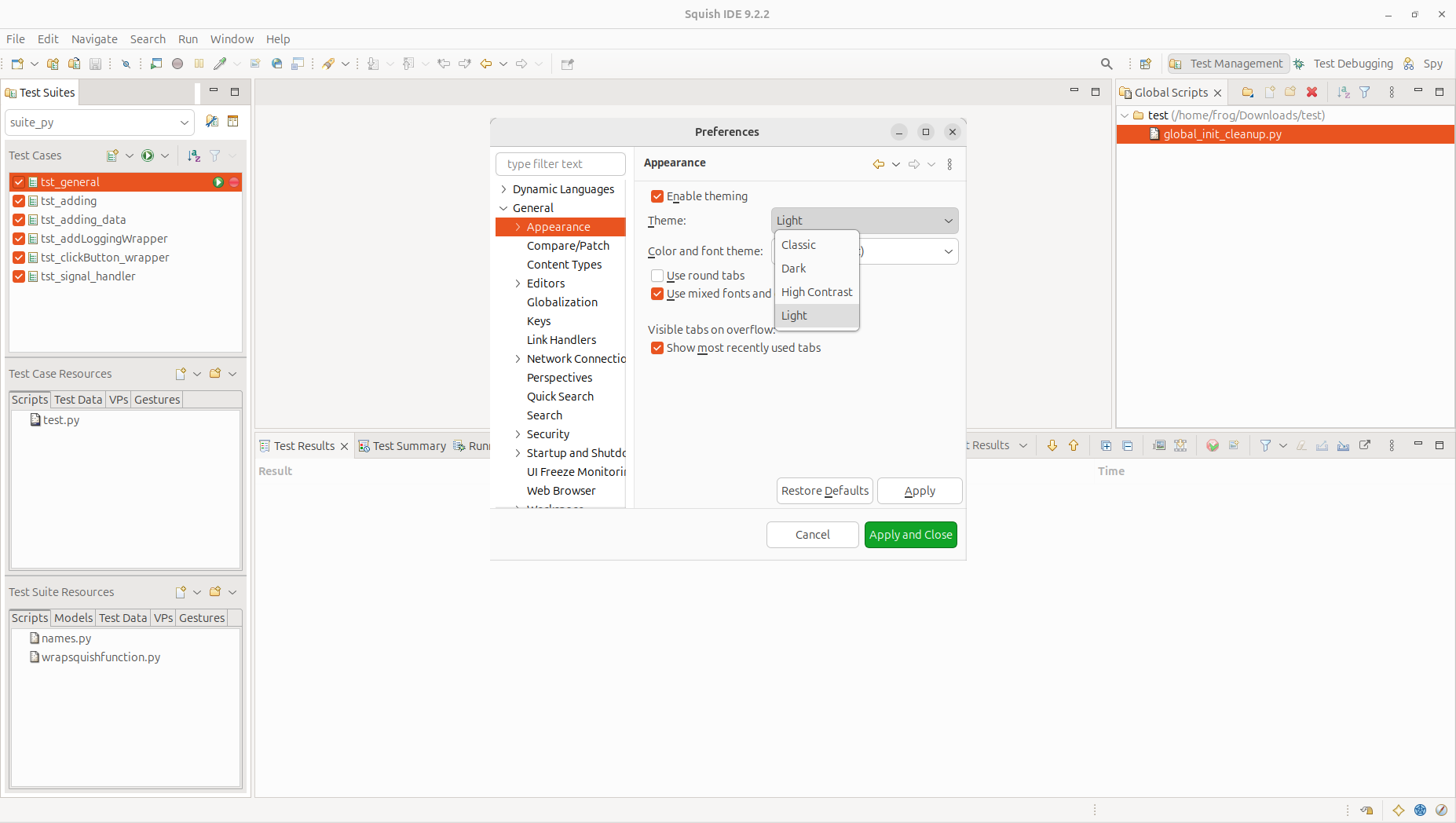Preferences dialog with the theme set to Light